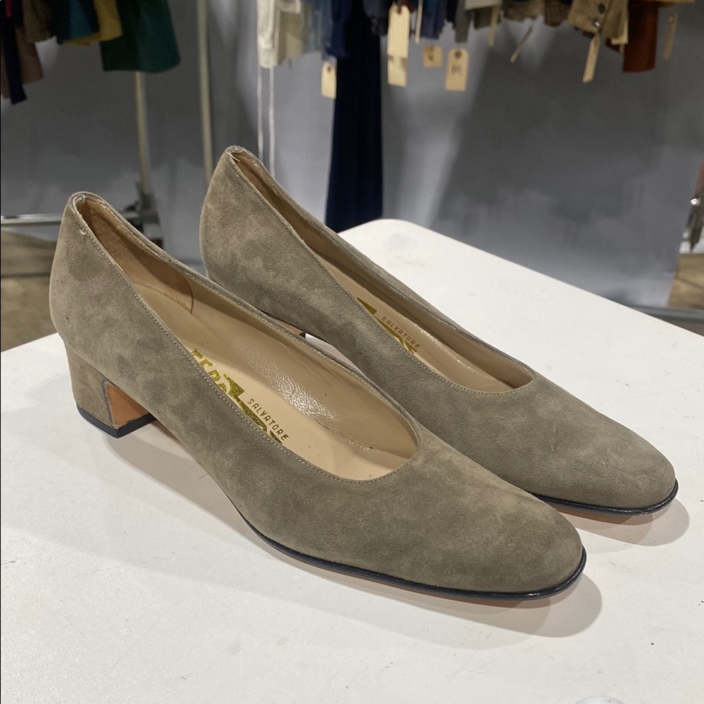 Salvatore Ferragamo Suede Taupe Block Heel Pump